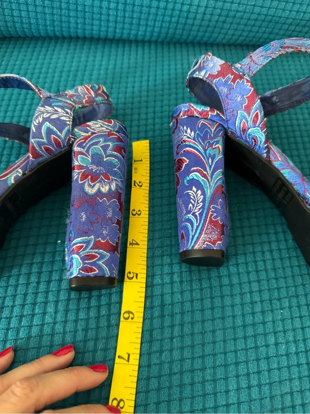 Blue Floral Brocade Platform Heels Ankle Strap Chunky Y2K